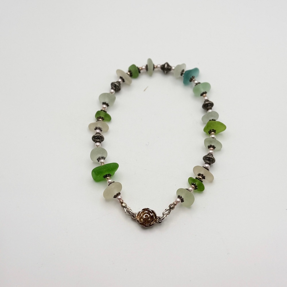 Sterling Silver 925 Sea Glass Pearl Magnetic Rose Clasp Anklet Green Aqua